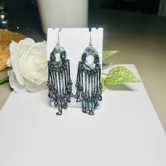 Intricate Mother of Pearl, Abalone Shell Aurora Borealis Seed Bead Earrings - Picture 4 of 6
